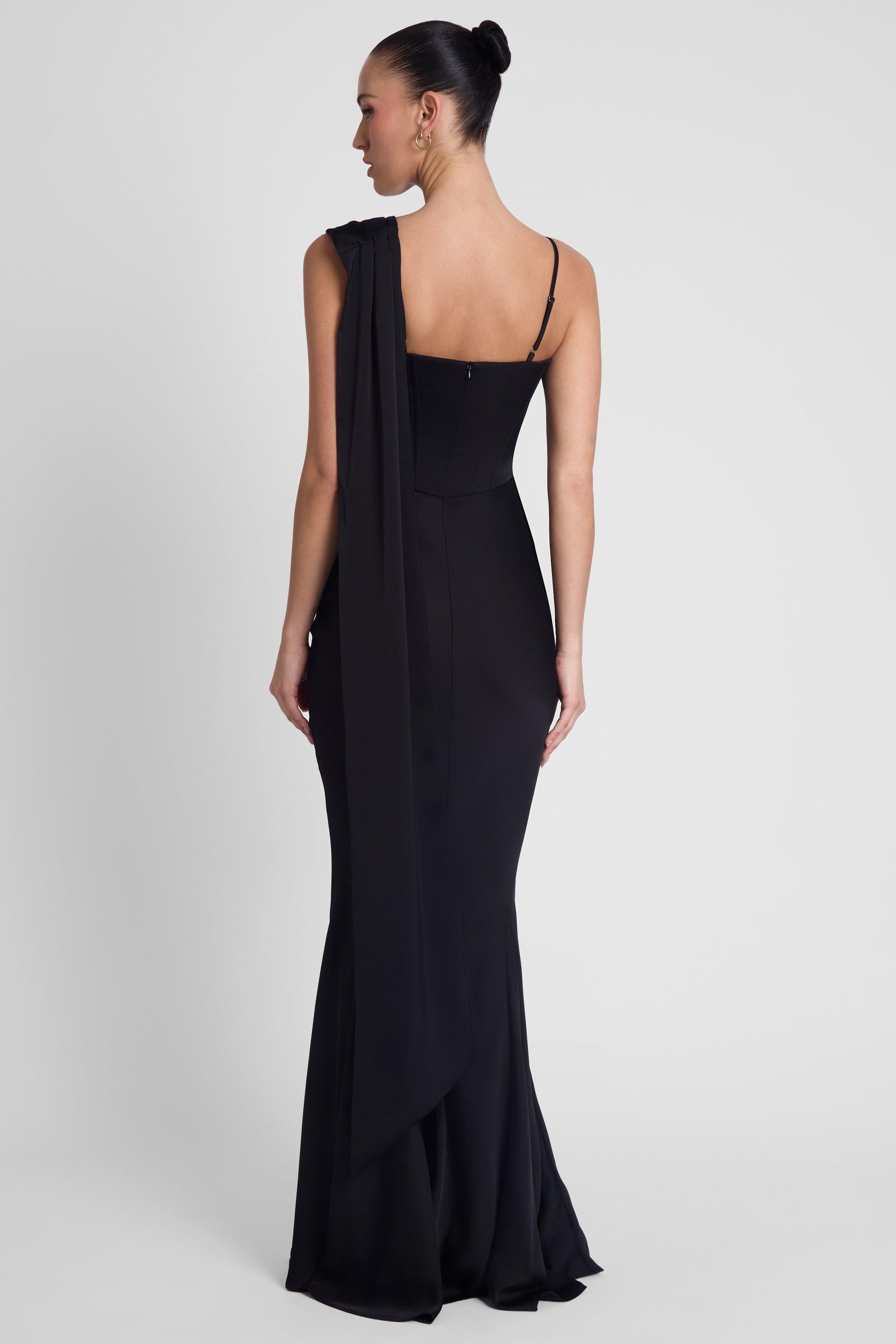 Elegant Satin Gown | Wedding Guest Dress with Corset Waist & Draping Detail for Stunning Silhouette 4