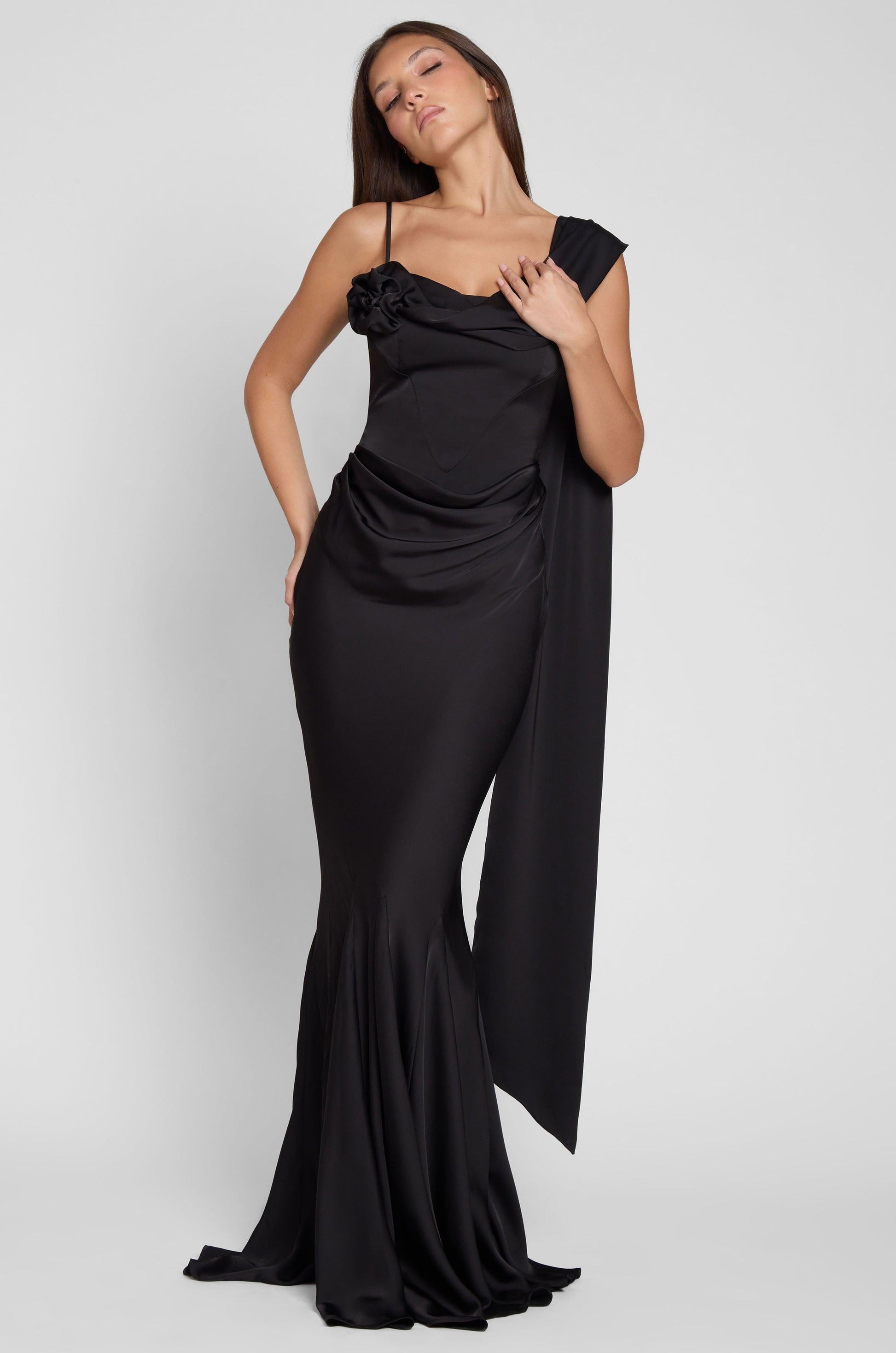 Elegant Satin Gown | Wedding Guest Dress with Corset Waist & Draping Detail for Stunning Silhouette 5