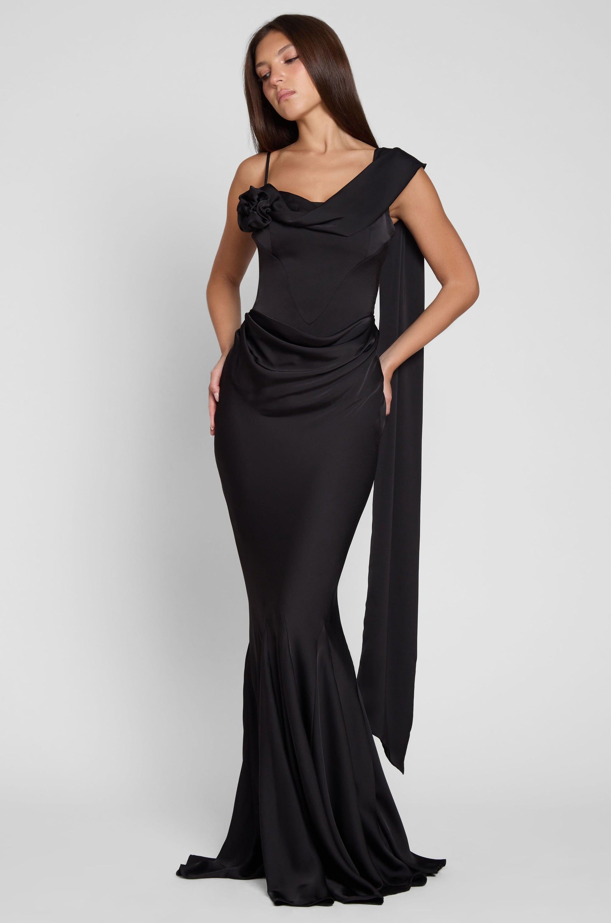 Elegant Satin Gown | Wedding Guest Dress with Corset Waist & Draping Detail for Stunning Silhouette 6