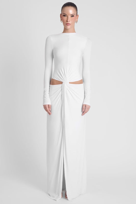 Elegant White Maxi Dress with Long Sleeves & Front Slit for Timeless Style 0