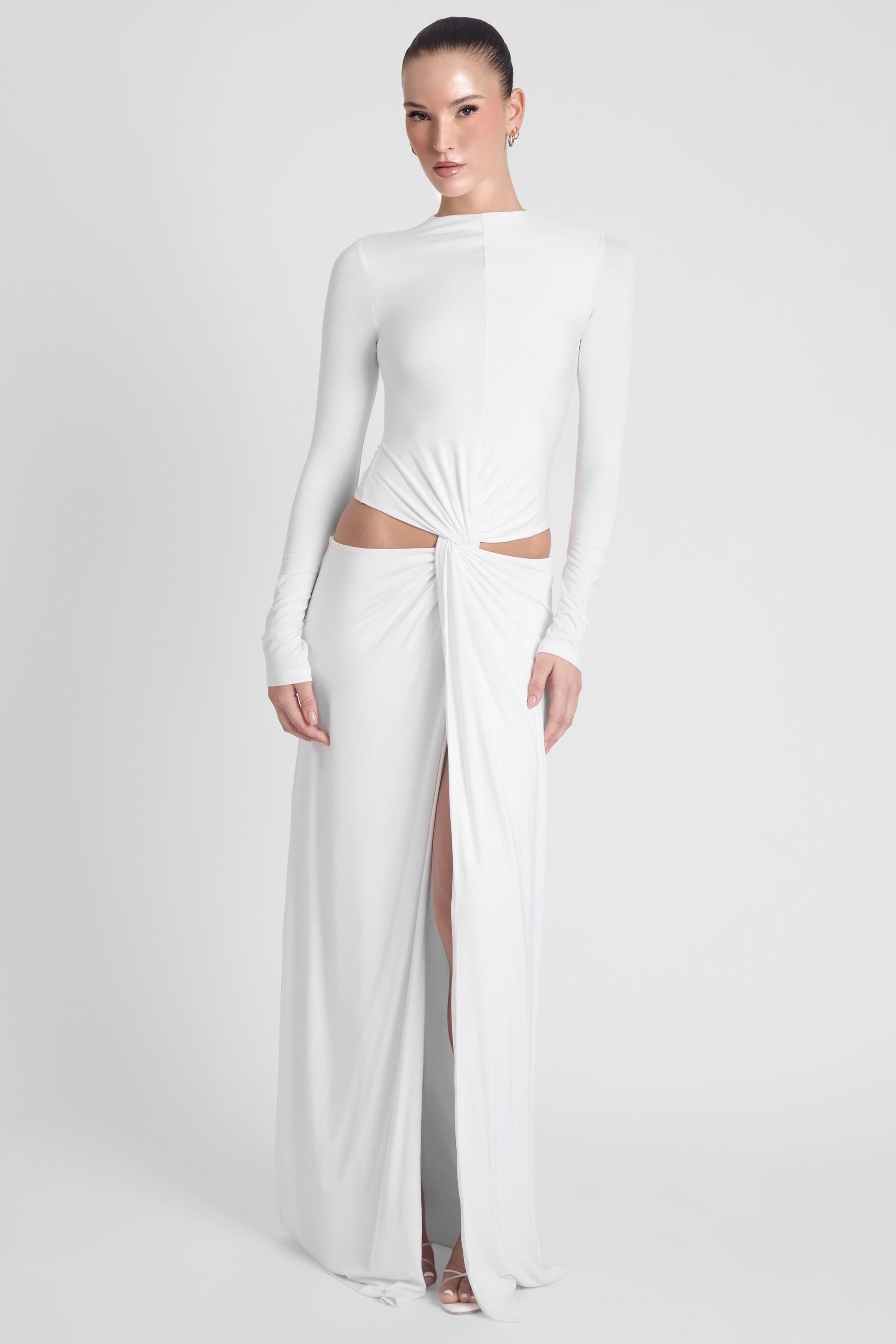 Elegant White Maxi Dress with Long Sleeves & Front Slit for Timeless Style 1