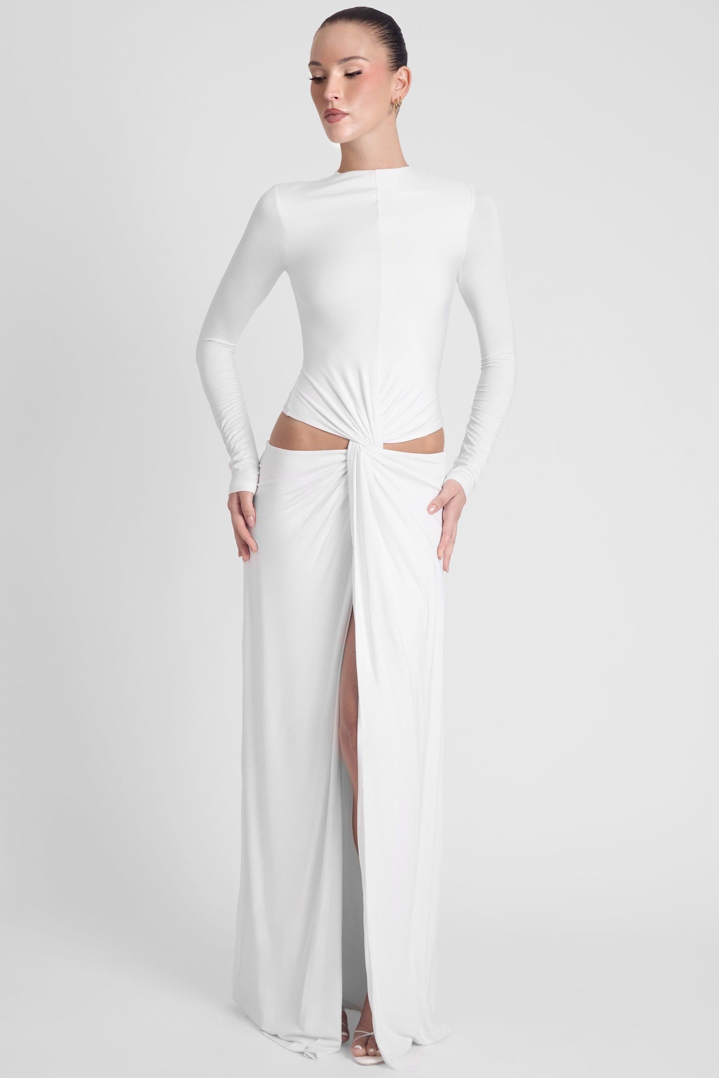 Elegant White Maxi Dress with Long Sleeves & Front Slit for Timeless Style 2