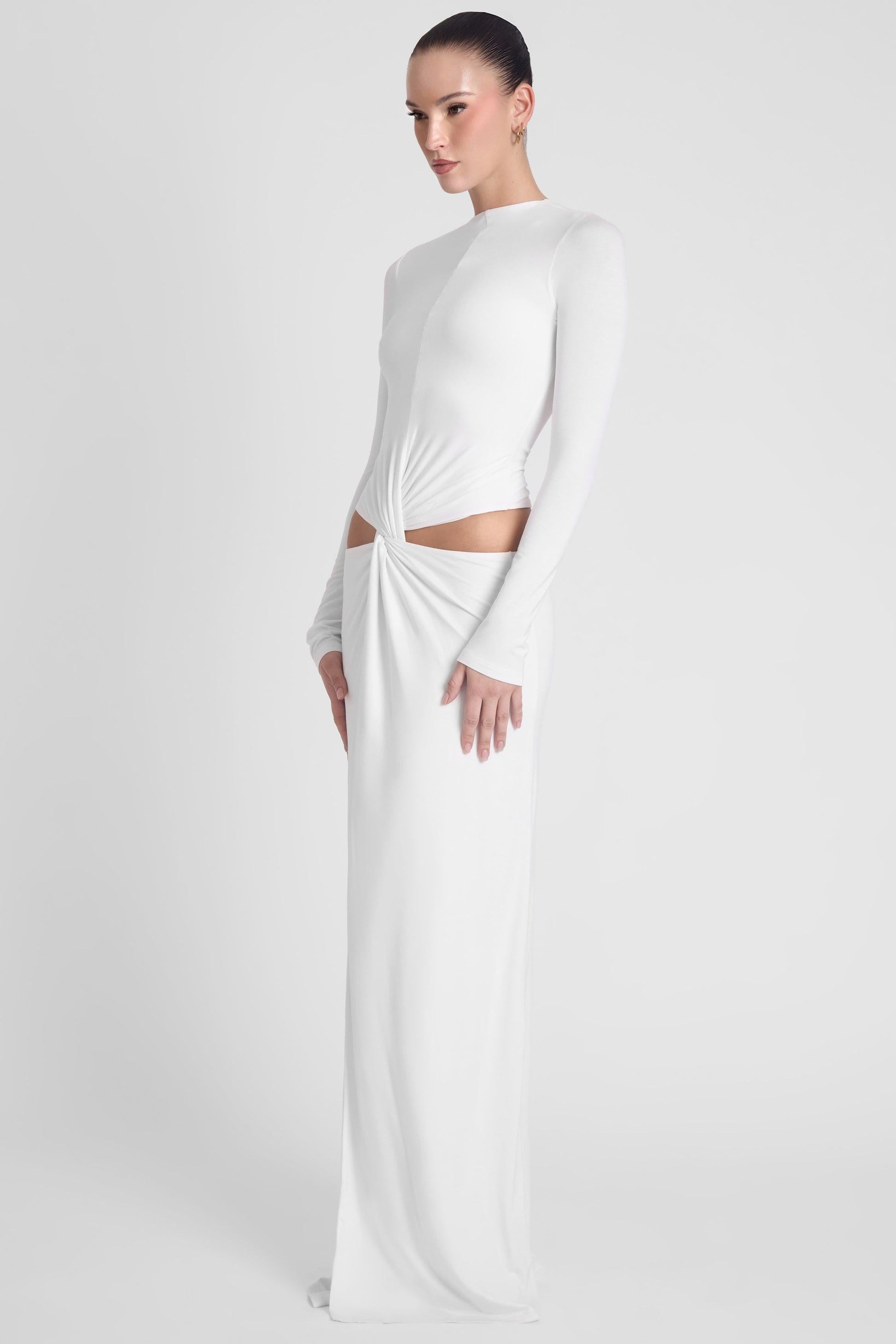 Elegant White Maxi Dress with Long Sleeves & Front Slit for Timeless Style 3