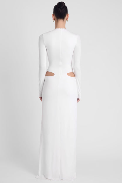 Elegant White Maxi Dress with Long Sleeves & Front Slit for Timeless Style 4