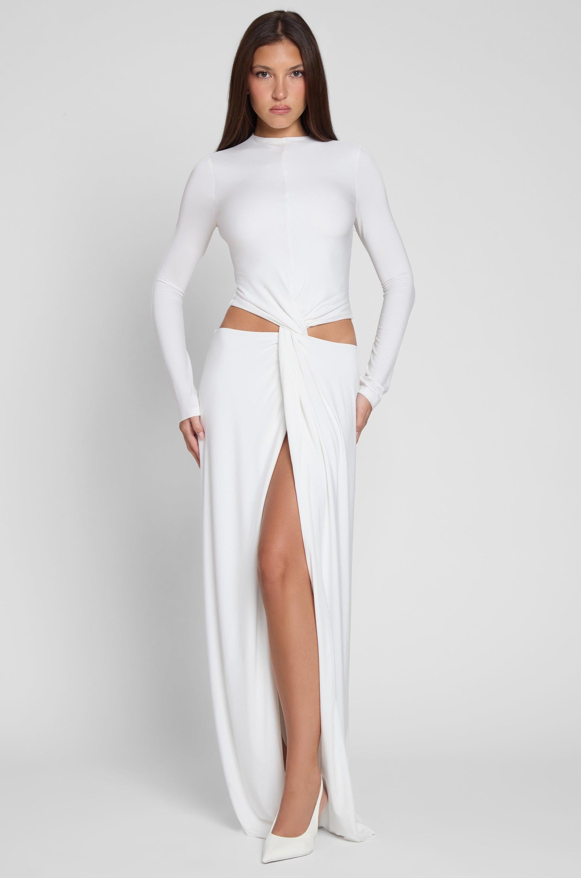Elegant White Maxi Dress with Long Sleeves & Front Slit for Timeless Style 5