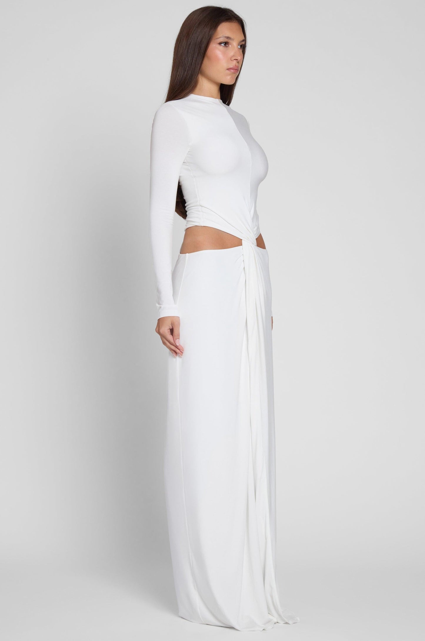 Elegant White Maxi Dress with Long Sleeves & Front Slit for Timeless Style 6