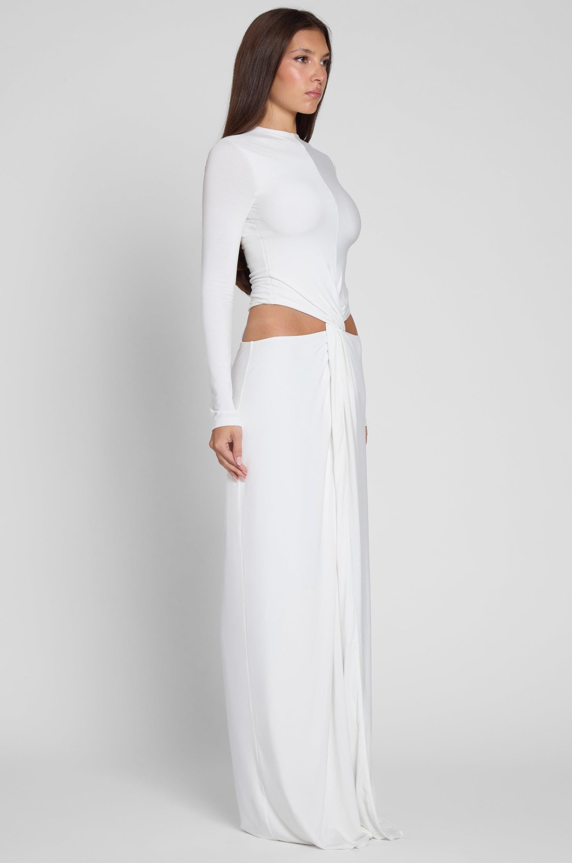 Elegant White Maxi Dress with Long Sleeves & Front Slit for Timeless Style 6