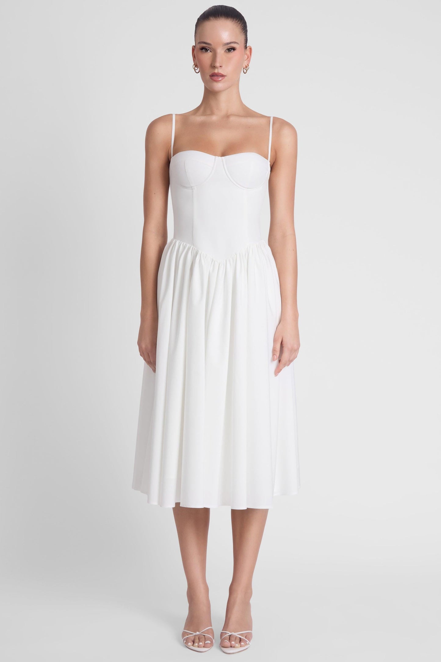 Elegant White Midi Dress | Ballerina Bustier Style with Gathered Detail | Flattering Fit for Any Occasion 0