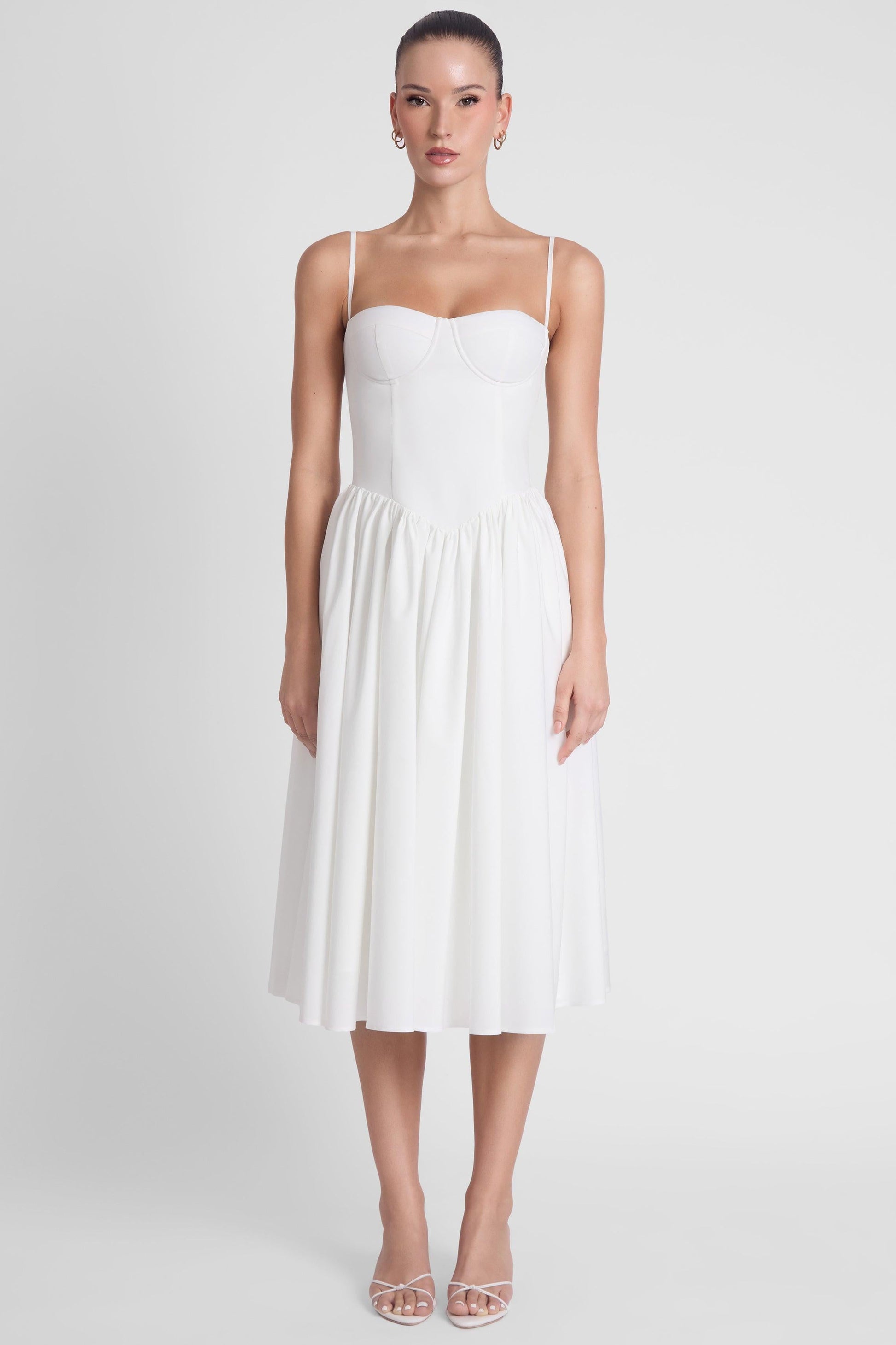 Elegant White Midi Dress | Ballerina Bustier Style with Gathered Detail | Flattering Fit for Any Occasion 0
