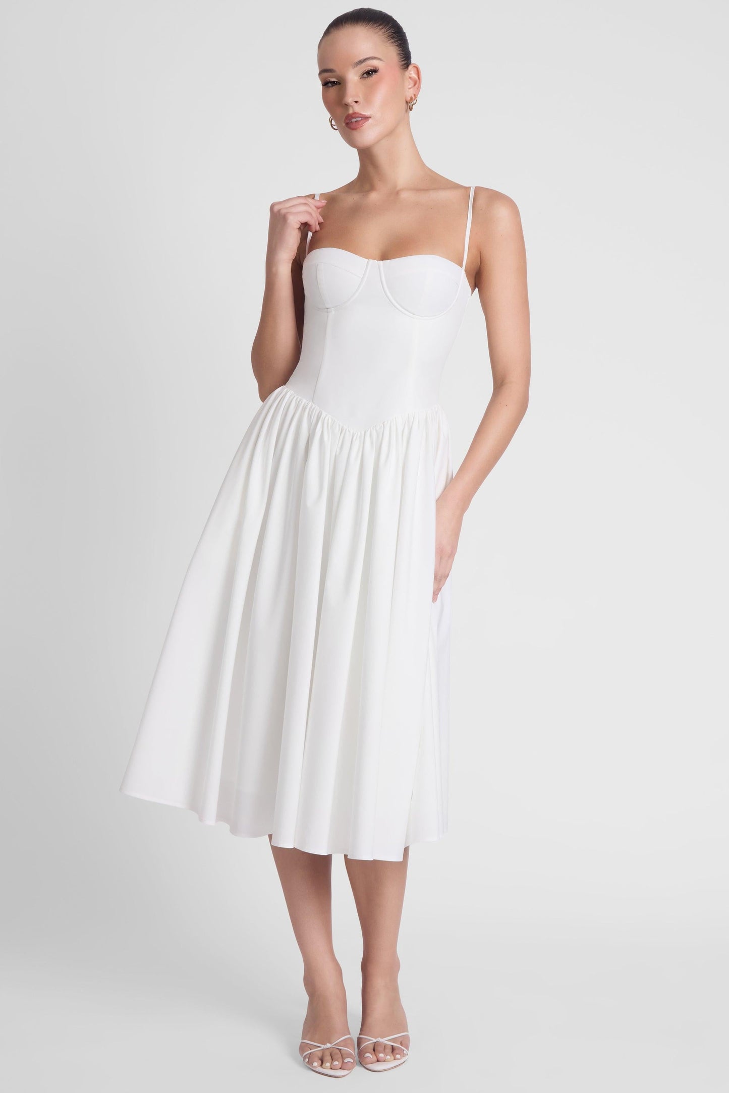 Elegant White Midi Dress | Ballerina Bustier Style with Gathered Detail | Flattering Fit for Any Occasion 1