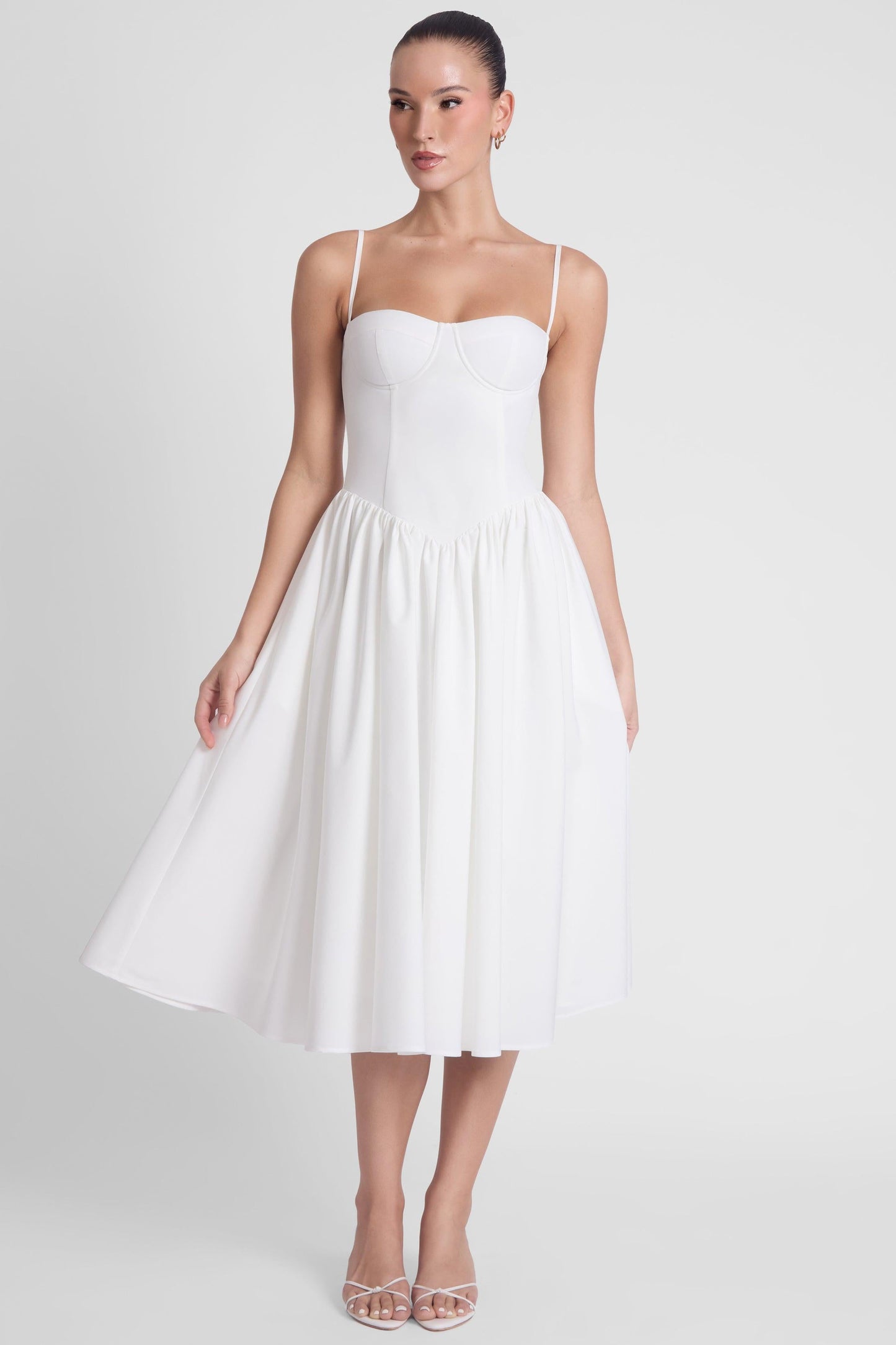 Elegant White Midi Dress | Ballerina Bustier Style with Gathered Detail | Flattering Fit for Any Occasion 2