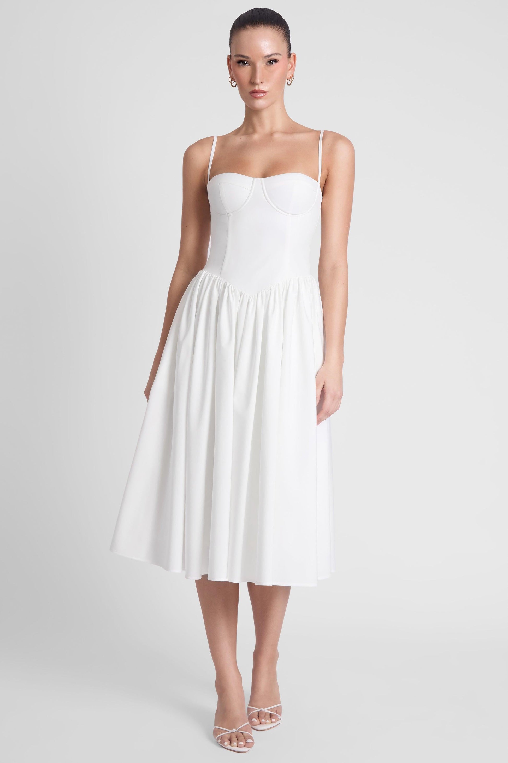 Elegant White Midi Dress | Ballerina Bustier Style with Gathered Detail | Flattering Fit for Any Occasion 3