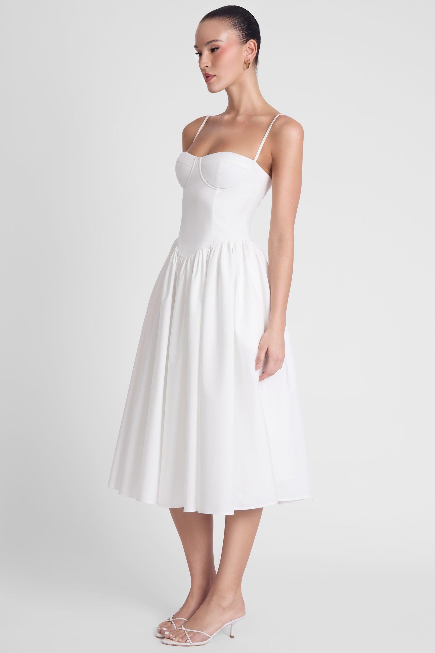 Elegant White Midi Dress | Ballerina Bustier Style with Gathered Detail | Flattering Fit for Any Occasion 4