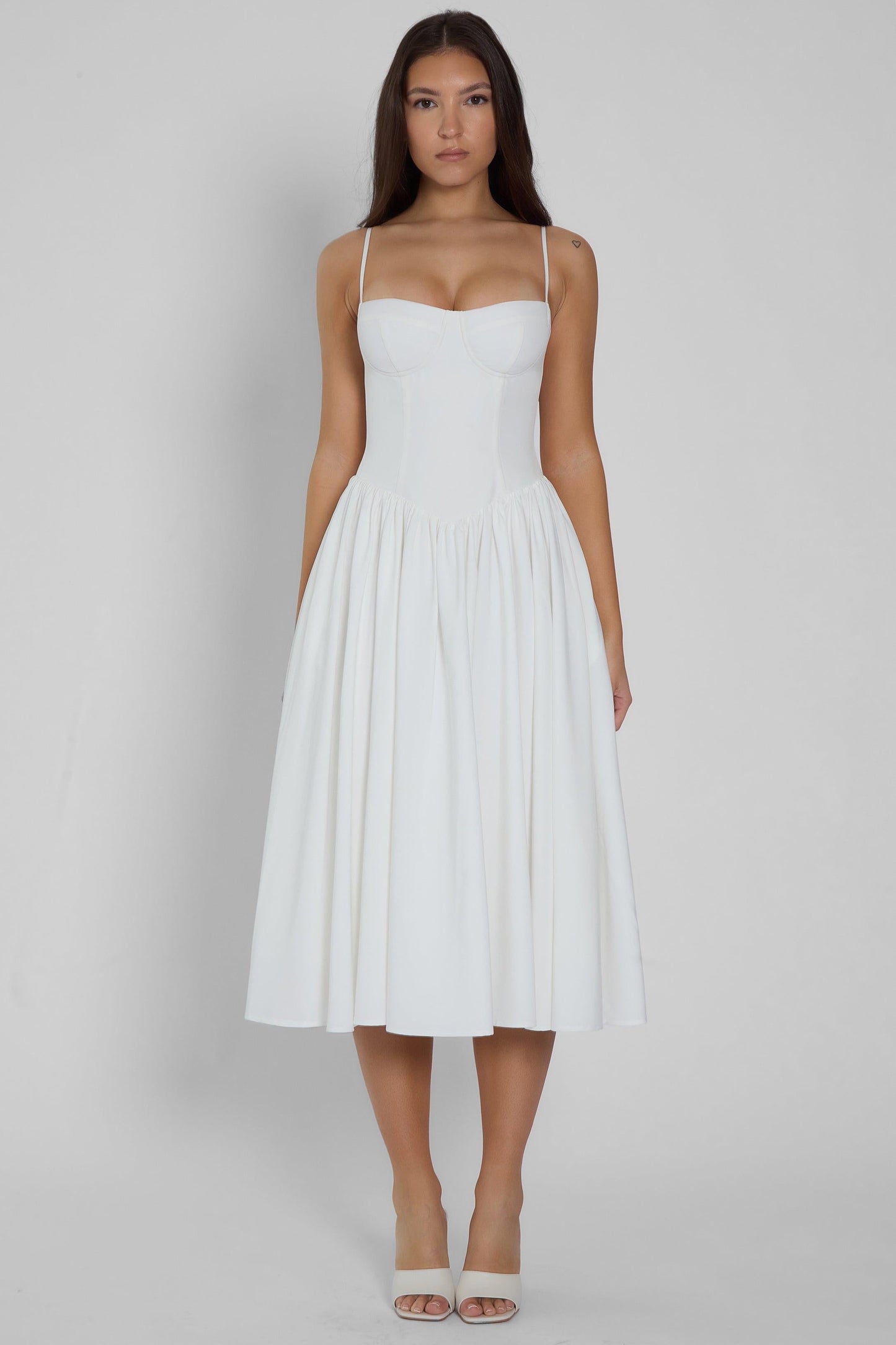 Elegant White Midi Dress | Ballerina Bustier Style with Gathered Detail | Flattering Fit for Any Occasion 6