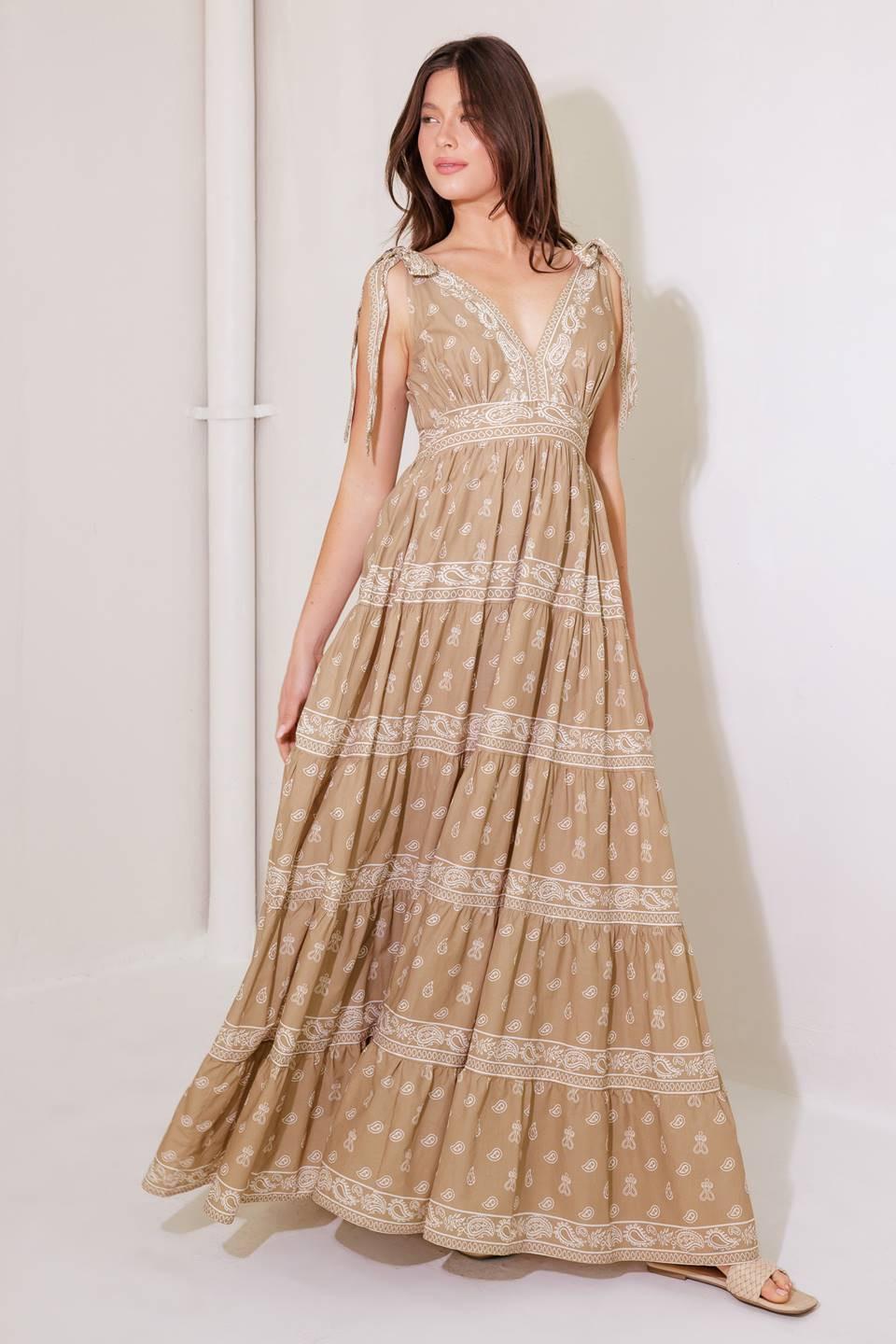 CUDDLY ATTITUDE TAUPE WOVEN MAXI DRESS