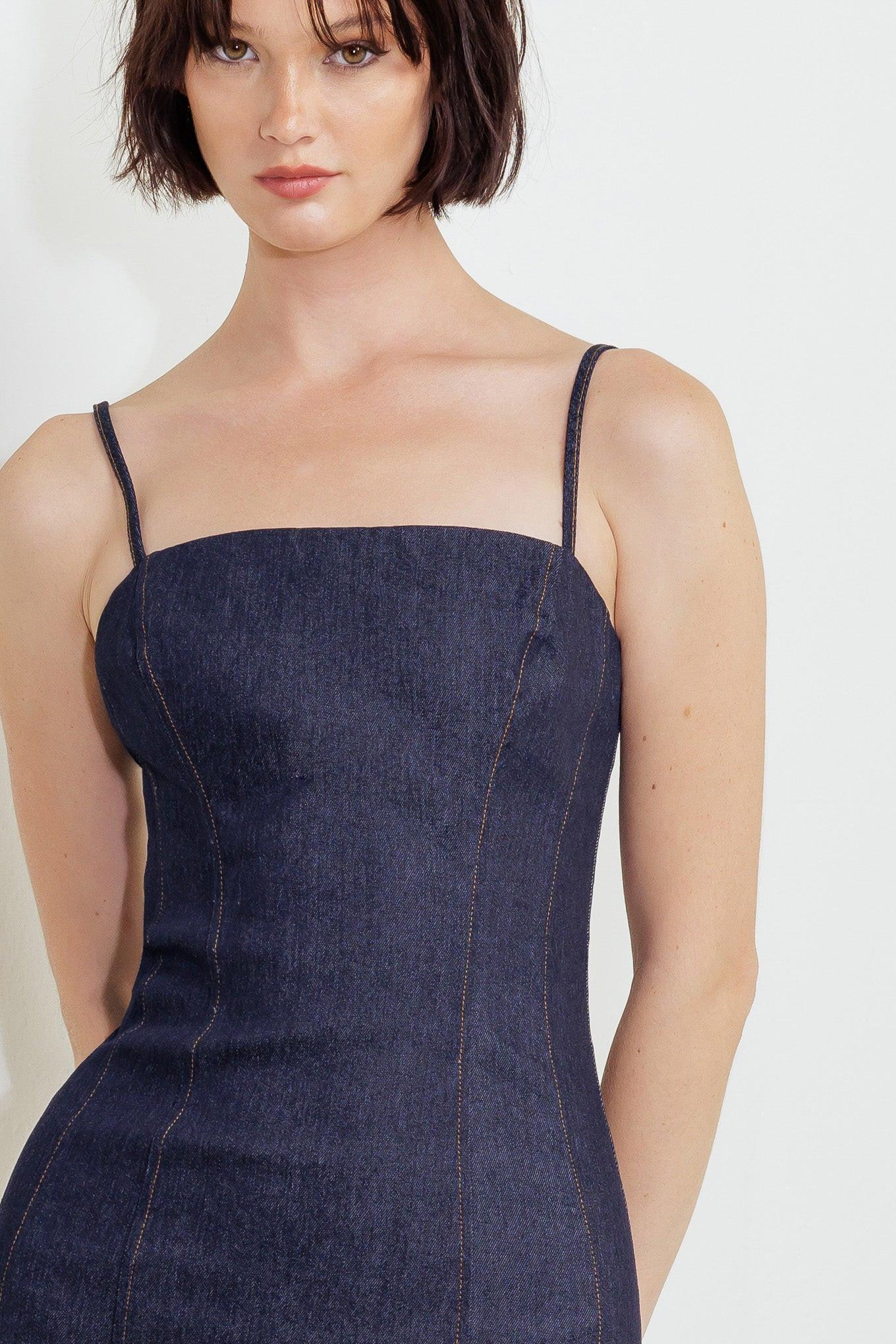 QUIET CURVE DARK DENIM MIDI DRESS
