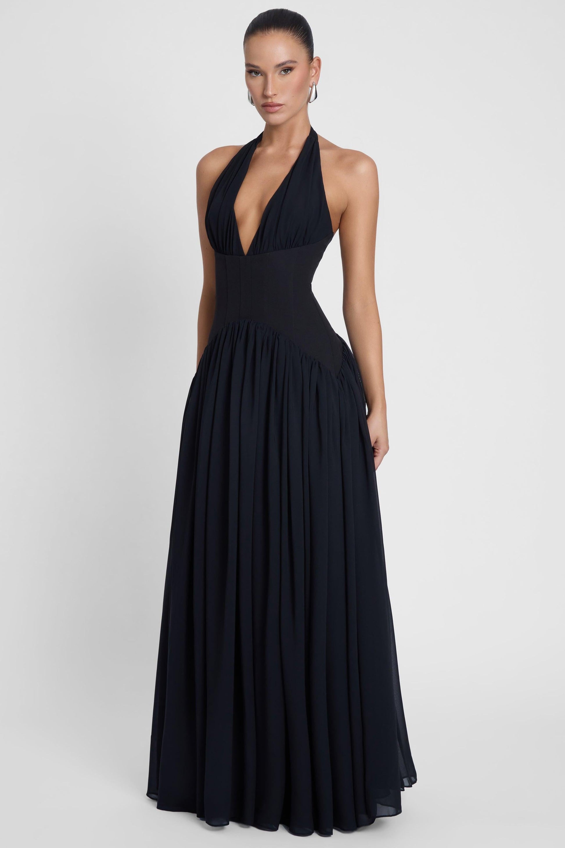 Harlowe Collection | Black Maxi Dress with Corset Waist & Halter Neckline | Elegant Fit for Timeless Style 1