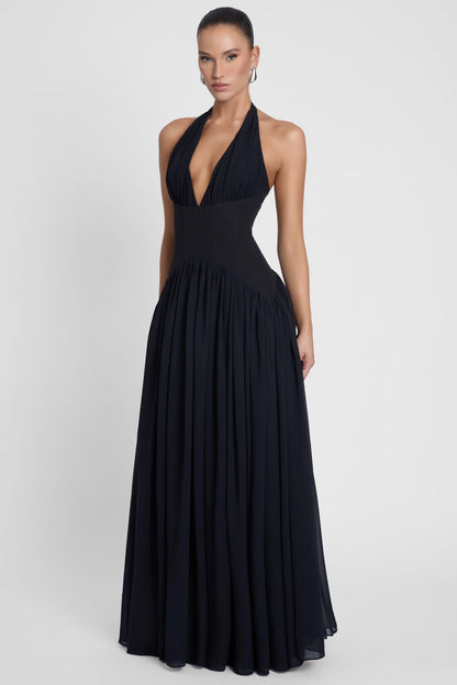 Harlowe Collection | Black Maxi Dress with Corset Waist & Halter Neckline | Elegant Fit for Timeless Style 1