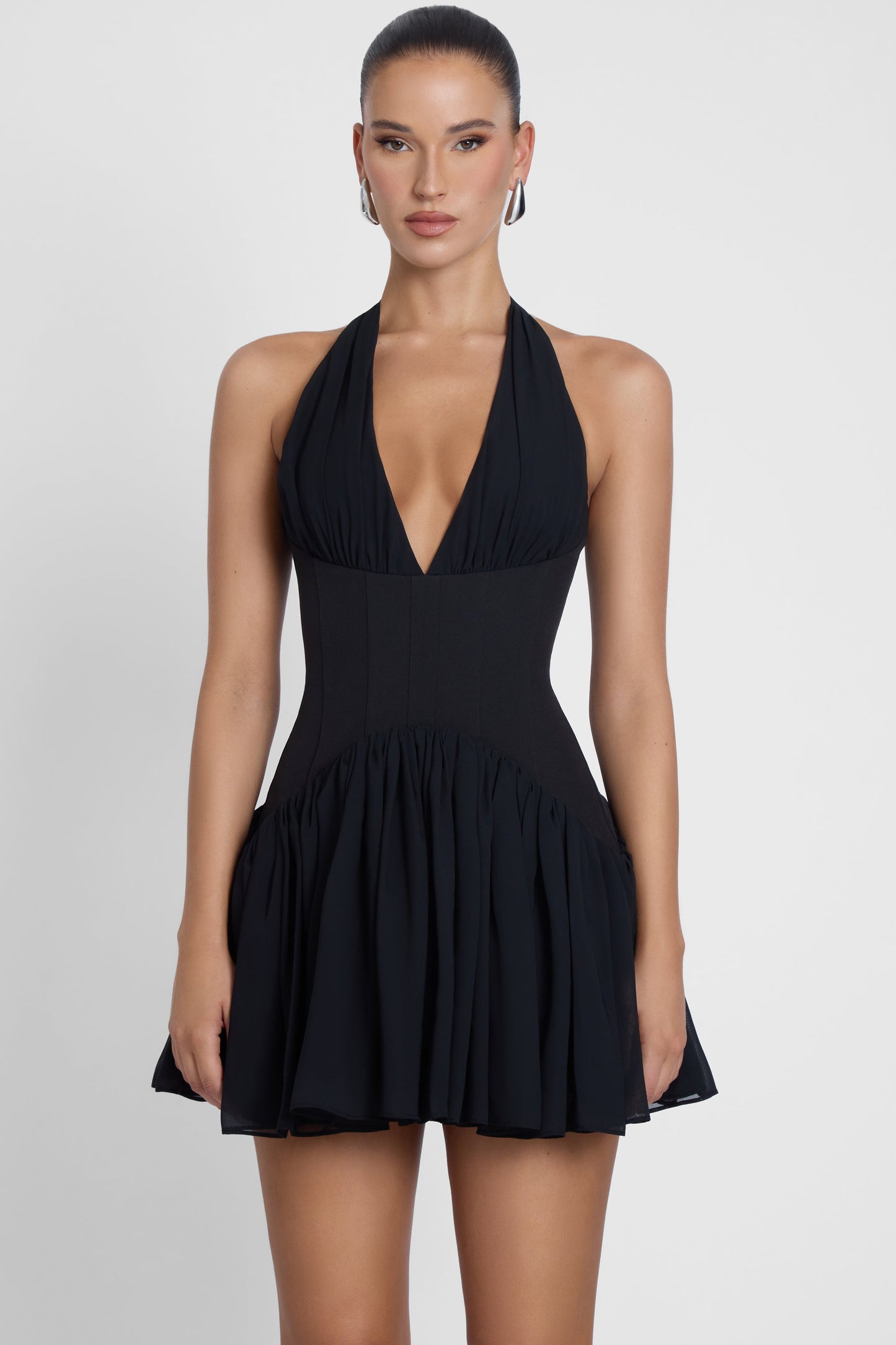 Harper Collection | Black Mini Dress with Corset Waist & Halter Neckline | Elegant Style for Special Events 0