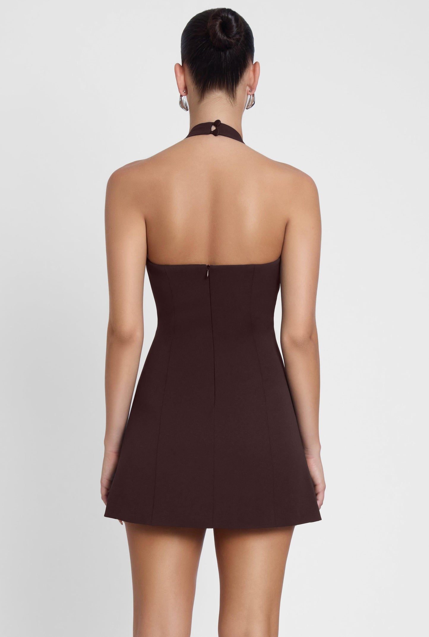 Hera Collection | Halter Mini Dress in Chocolate Brown with V-Neckline | Adjustable Straps for Flattering Fit 4