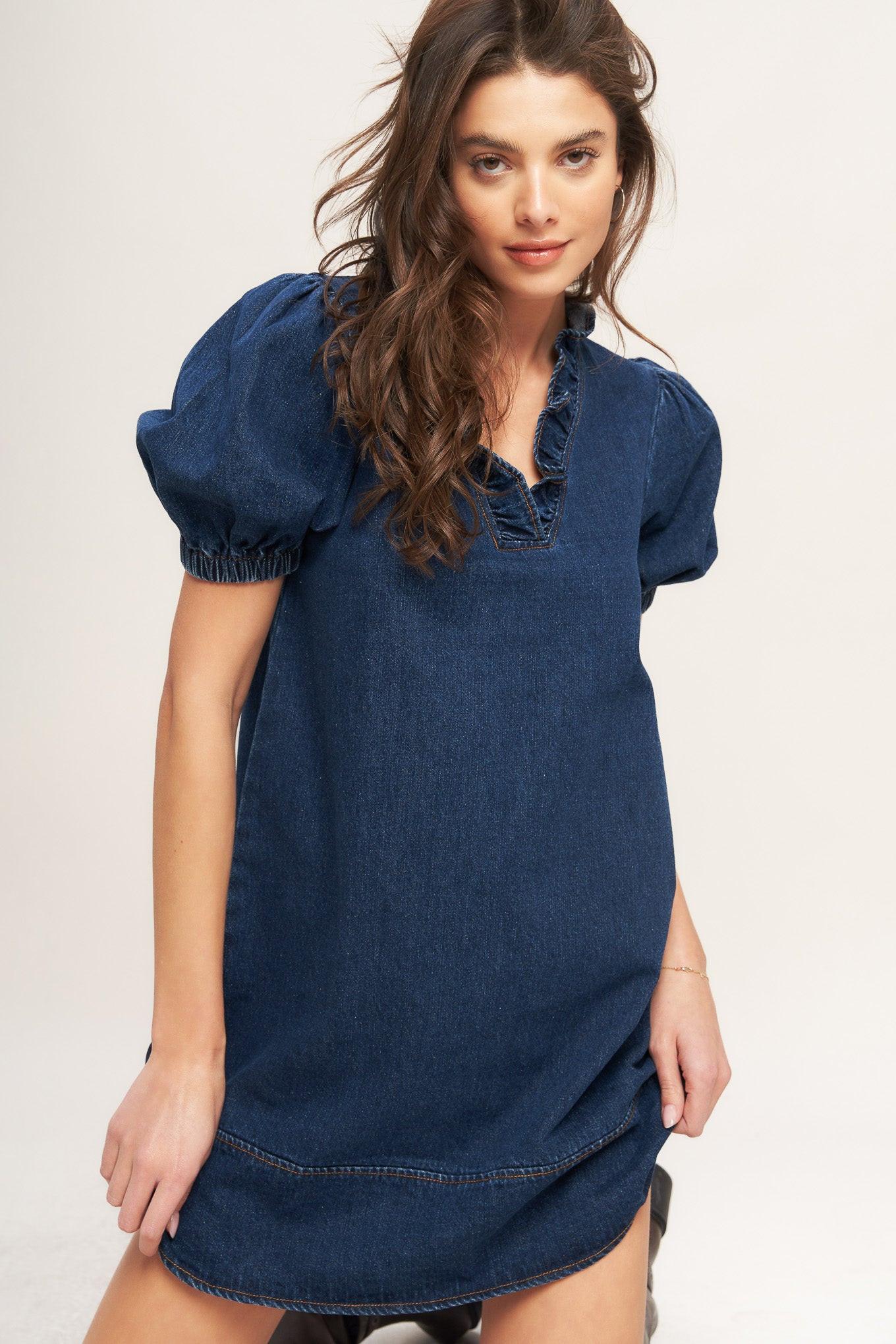 MODERN FOLK TOUCH DNIM MINI DRESS