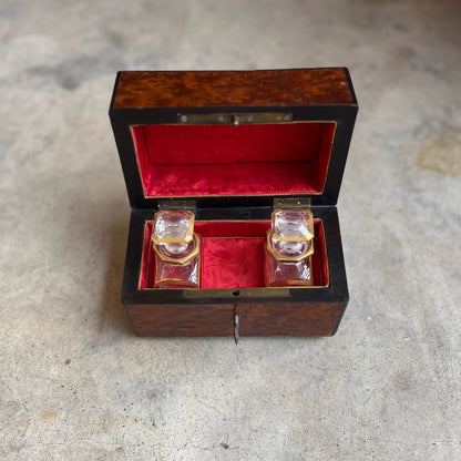 19th c. Walnut Burl Music Box + Perfume Case
