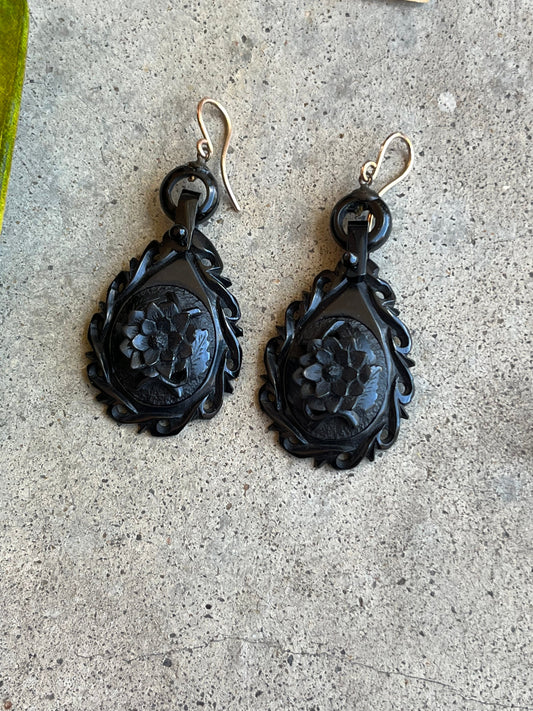 RESERVED | 19th c. Carved Jet Earrings