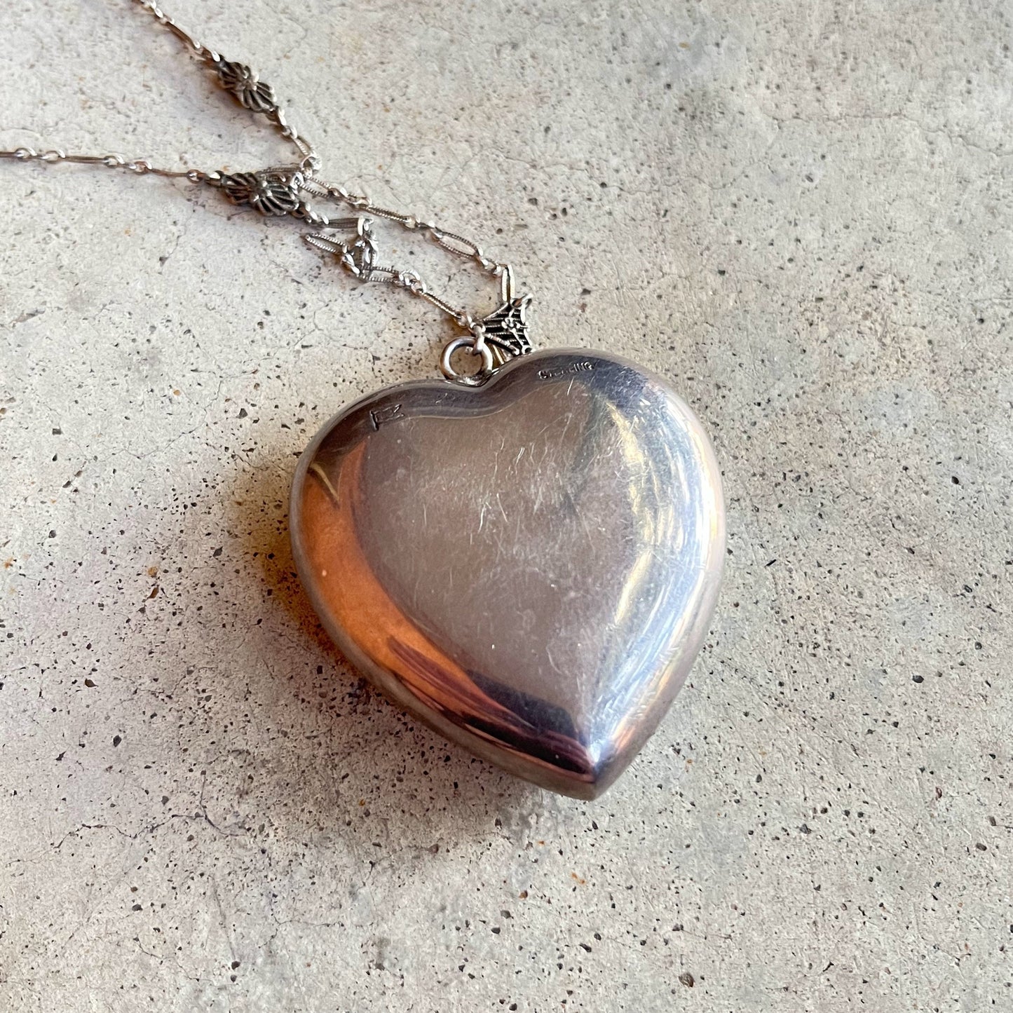 c. 1910s-1920s Sterling Silver Heart Compact Necklace