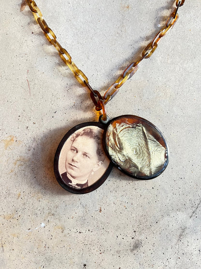 c. 1890s Faux Tortoise Shell Slide Locket + Chain