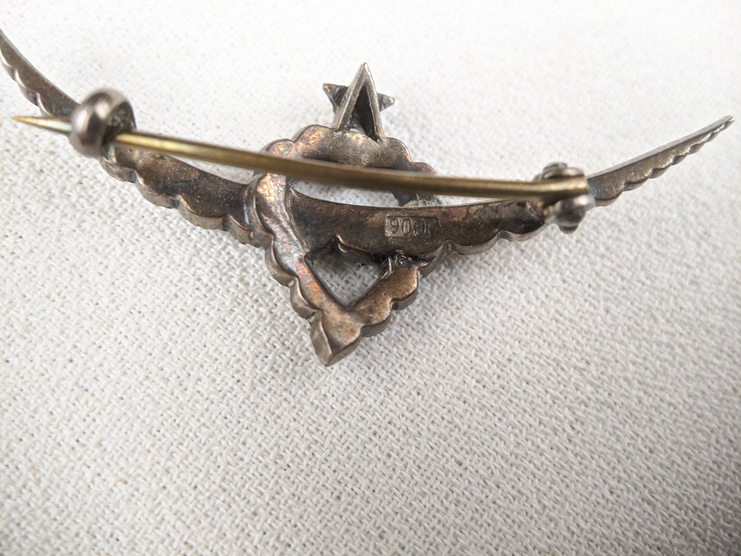 Victorian Silver Witch's Heart Crescent Moon Brooch