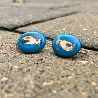 19th c. Blue Enamel 14k Gold Hand Earrings