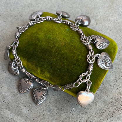 Vintage Sterling Silver Puffy Heart Charm Bracelet