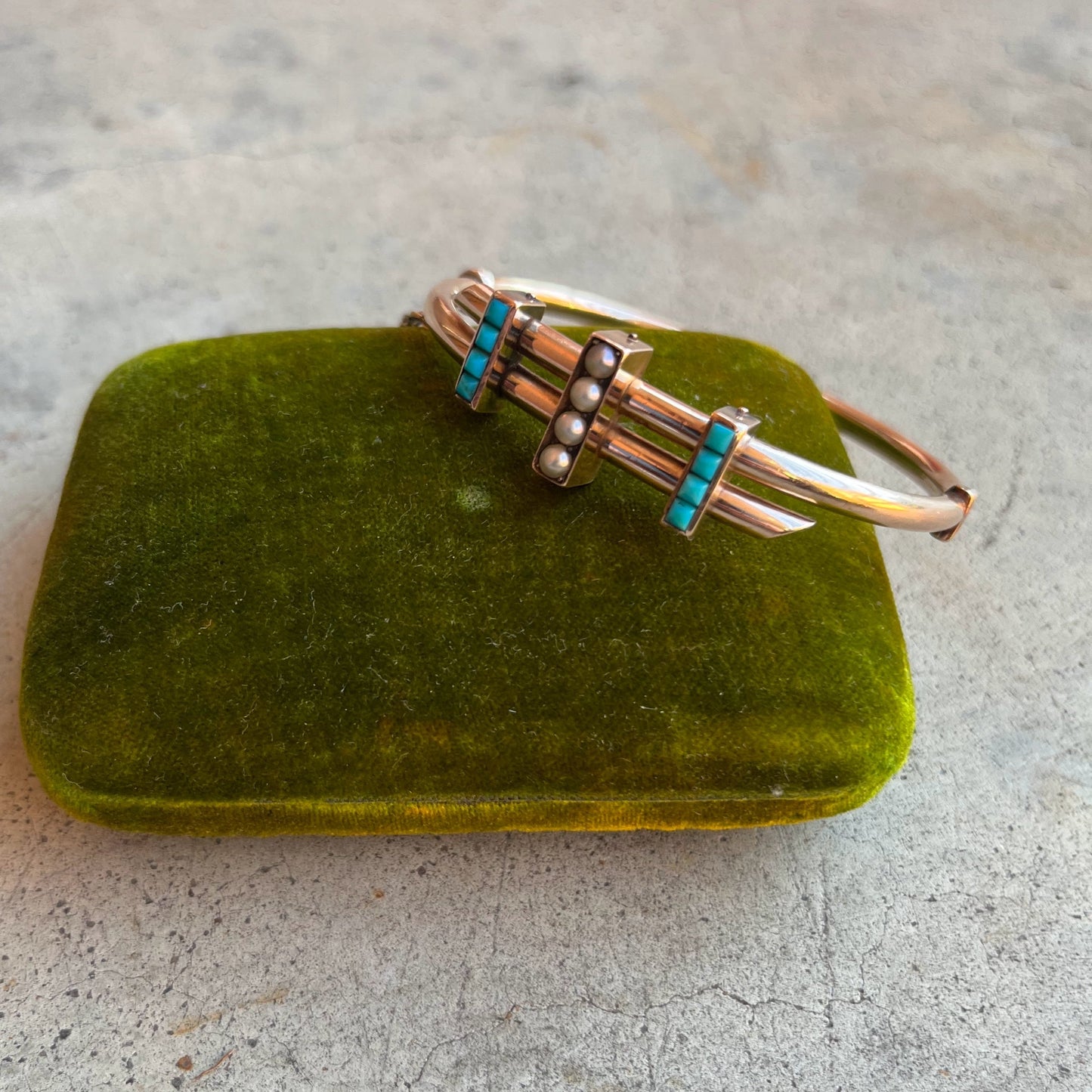 c. 1880s 14k Gold Turquoise Pearl Hinged Bangle Bracelet