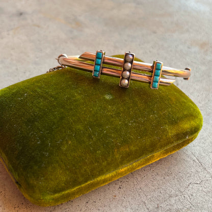 c. 1880s 14k Gold Turquoise Pearl Hinged Bangle Bracelet