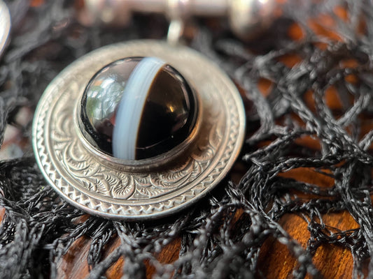 19th Century Sterling Silver Banded Agate Earrings