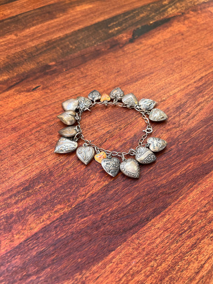 Sterling Silver Charm Bracelet with Edwardian + Victorian Puffy Hearts