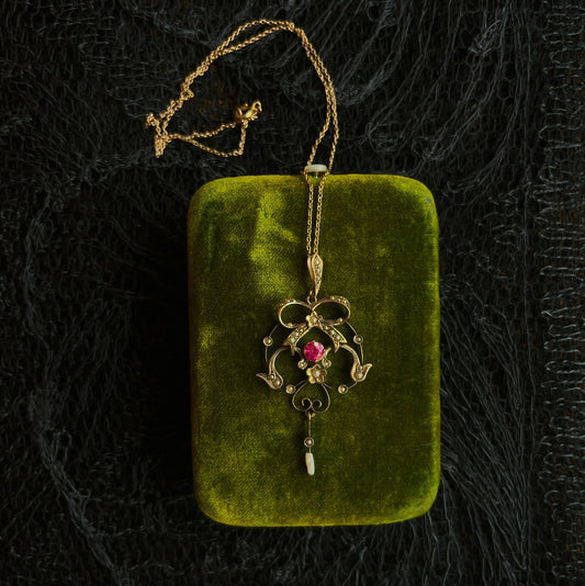 c. 1900s-1910s 9k Gold Ruby Pearl Necklace