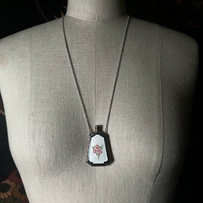 Art Deco Silver Guilloche Enamel Perfume Bottle Necklace