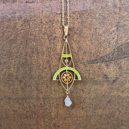 c. 1900s-1910s Plique a Jour Lavaliere Necklace