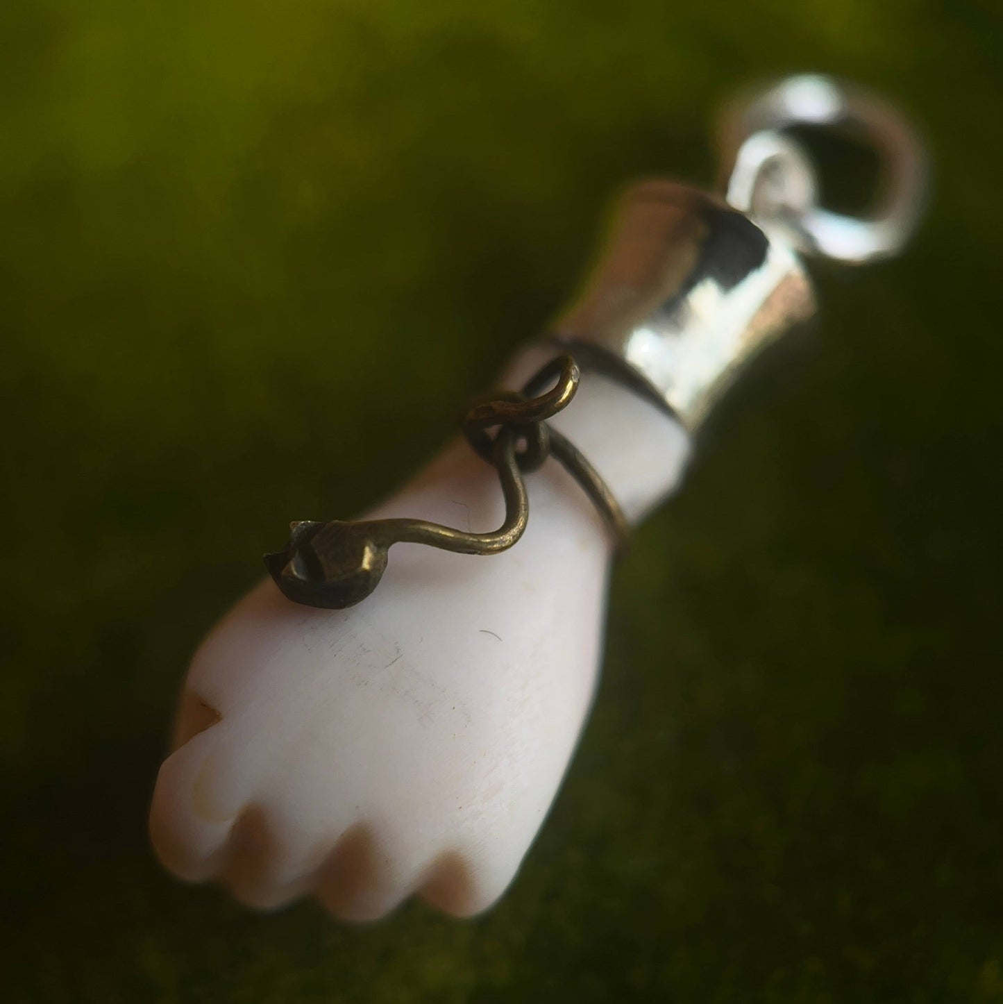 19th c. Angel Skin Coral Carved Fist w/ Snake Bracelet
