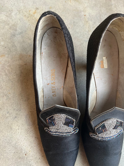 c. 1920s-1930s Black Silk Beaded Pumps | Approx Sz. 5