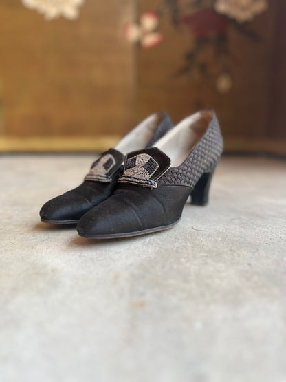 c. 1920s-1930s Black Silk Beaded Pumps | Approx Sz. 5
