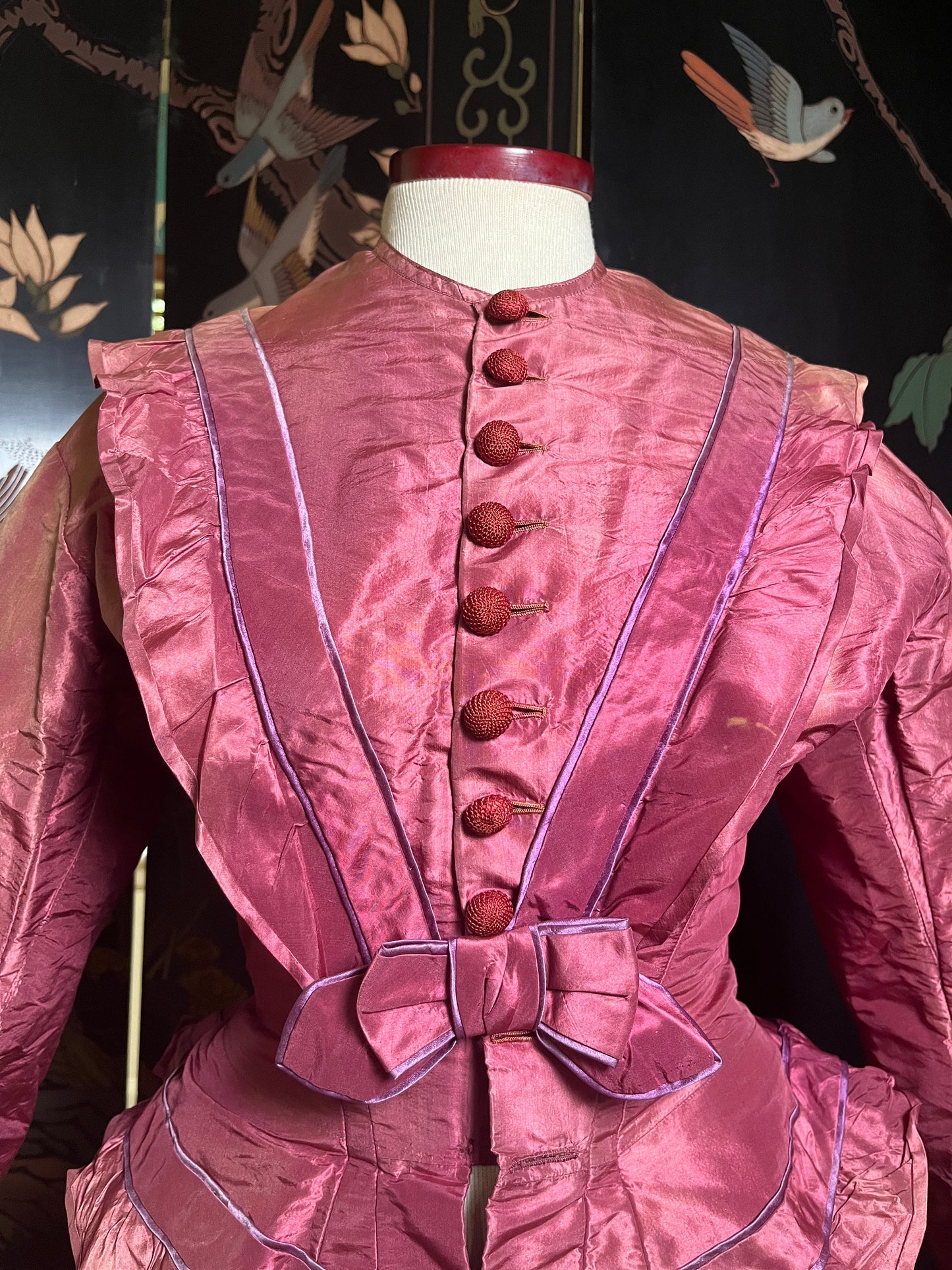 c. Late 1860s-Early 1870s Pink + Purple Silk Bodice