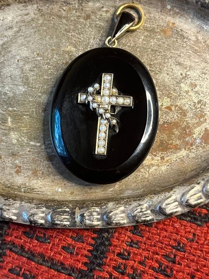 c. 1870s Seed Pearl Cross Mourning Locket