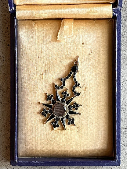 c. 1870s Crescent Moon Star 14k Gold + Onyx Hair Locket Pendant
