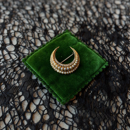 Victorian 15k Gold Pearl Crescent Moon Brooch