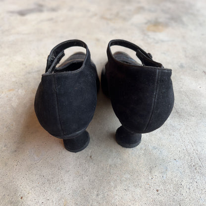 c. 1910s-1920s Black Leather Witchy Heels | Approx Sz 8.5-9
