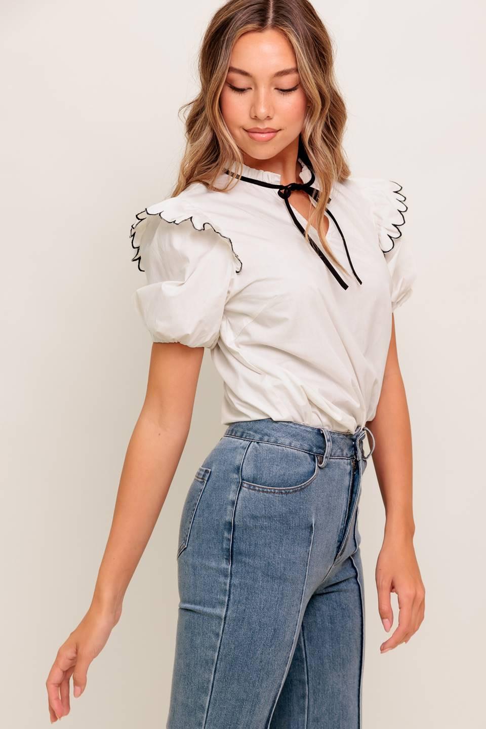FRENCH WHISPER IVORY WOVEN TOP