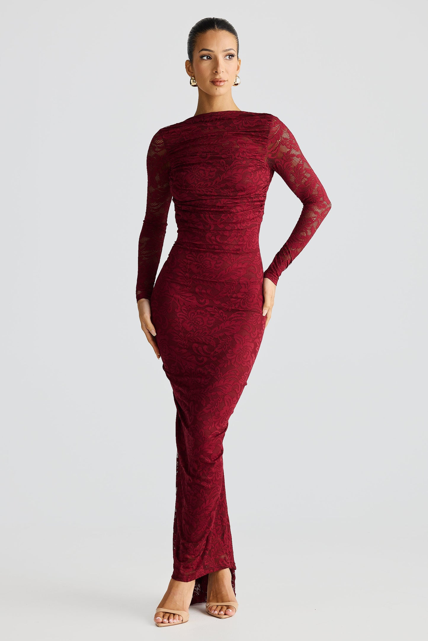 Burgundy Long Sleeve High Neck Lace Ruched Midi Dress