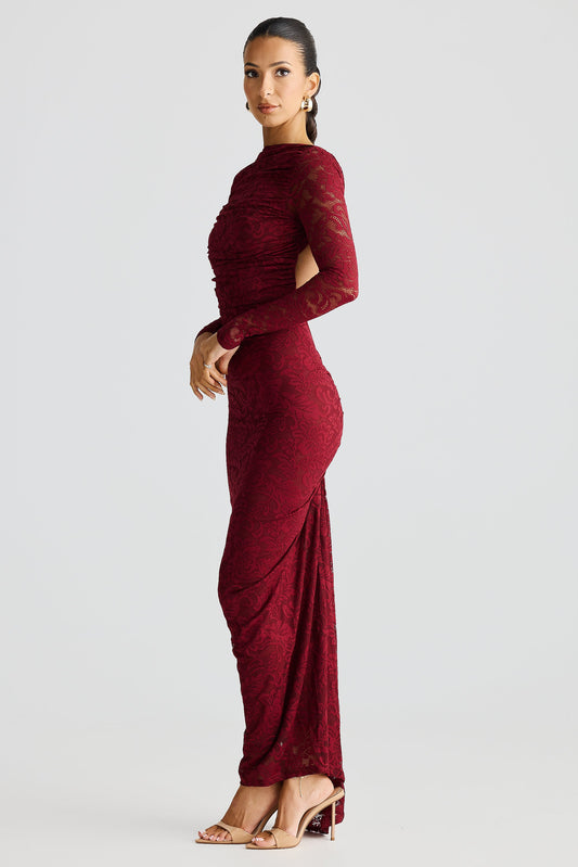 Burgundy Long Sleeve High Neck Lace Ruched Midi Dress